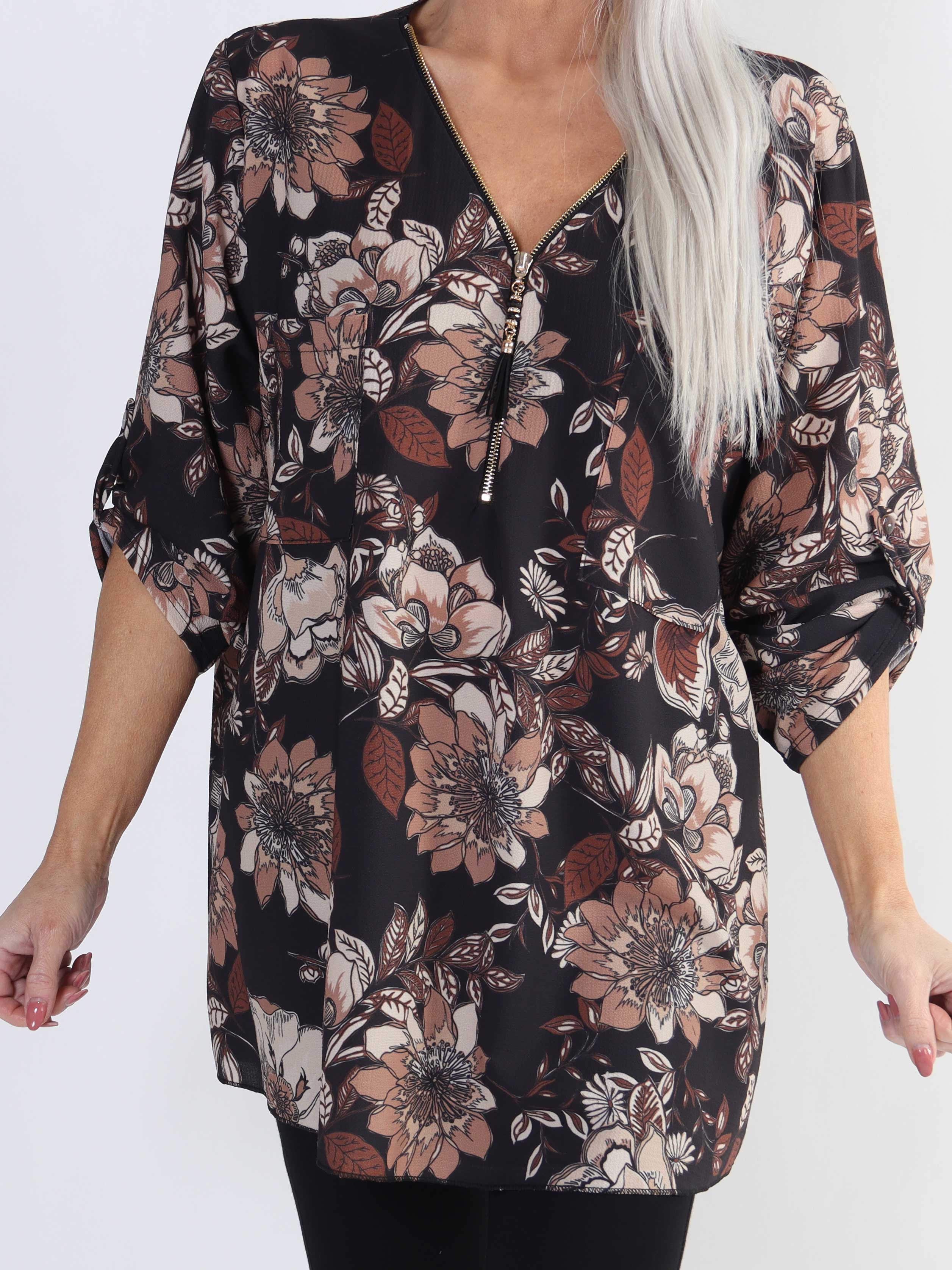 Claudia Flower - Plus size tunika med blomsterprint og lynlås